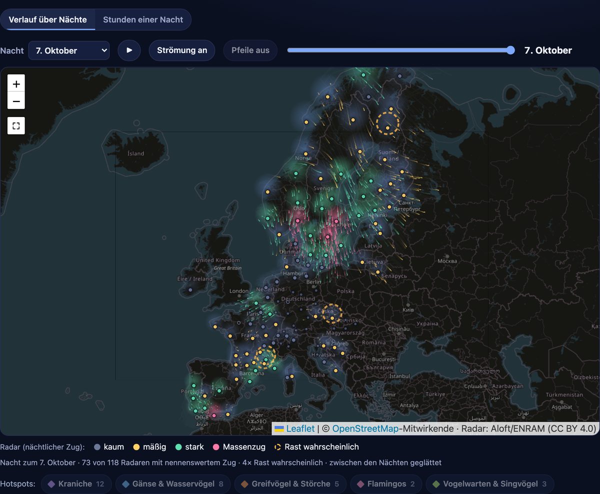 Radar-Zugkarte auf naturesclock.com: Europa bei Nacht, Radarstationen als farbige Punkte, über Südschweden und dem Baltikum rote Massenzug-Markierungen, Partikelströmung Richtung Südwesten
