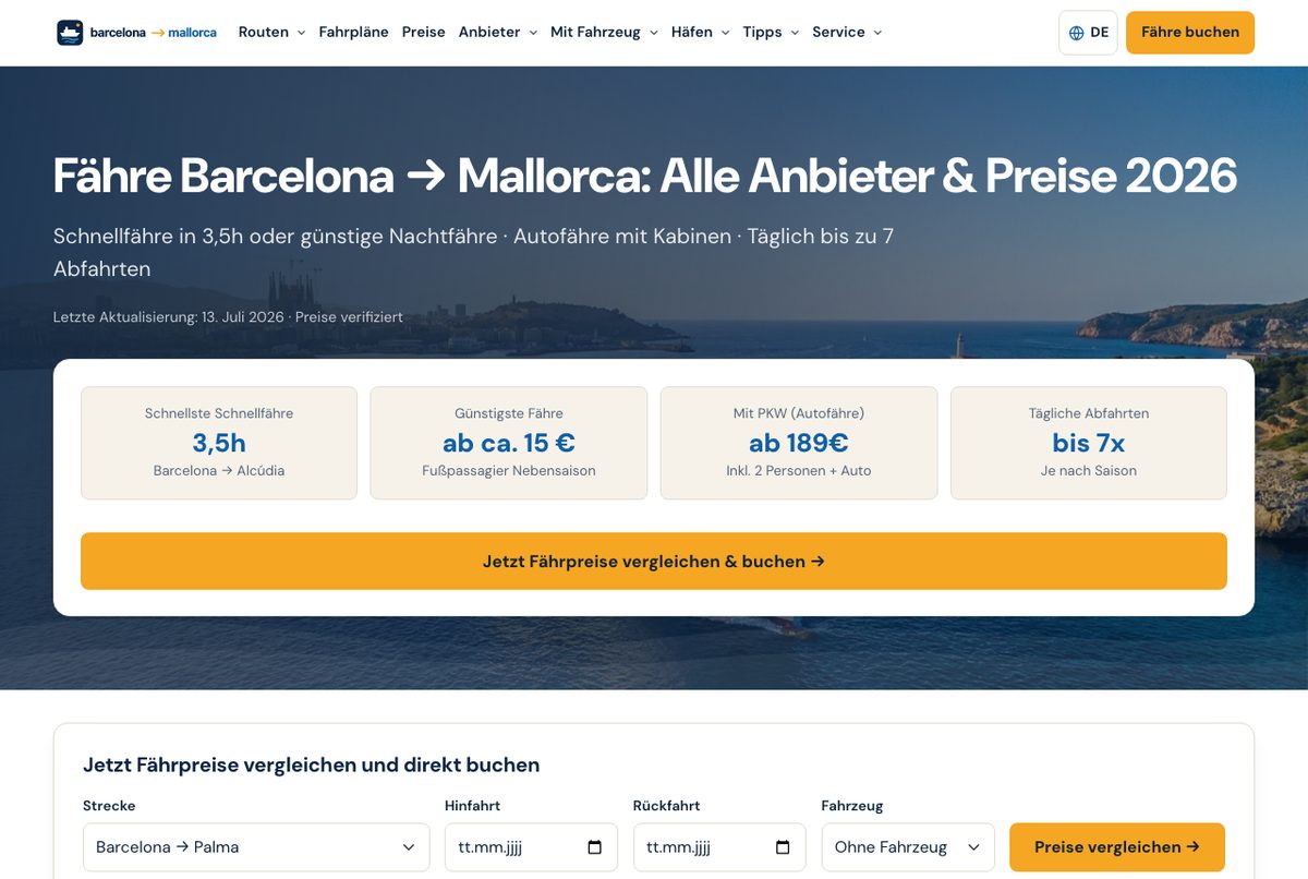 Startseite von barcelonamallorca.com nach dem Relaunch in der Desktop-Ansicht: neue Wort-Bild-Marke, Hero mit Fährfoto und Preisübersicht