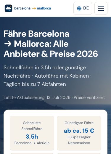 Dieselbe Startseite in der mobilen Ansicht mit Menü-Schublade und Buchungsleiste