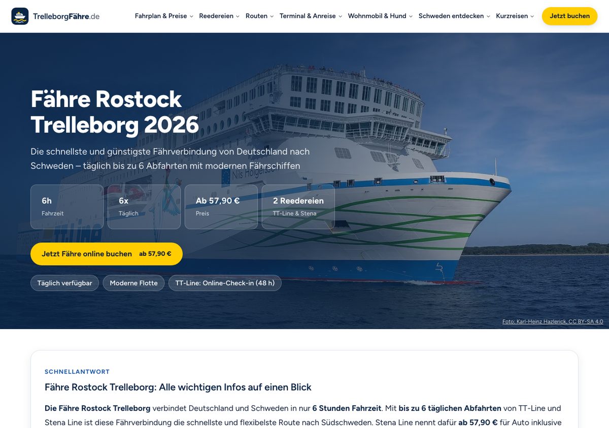Startseite von trelleborgfaehre.de nach dem Relaunch am Desktop: weißer Header mit Wort-Bild-Marke und sieben Menüpunkten, gelber Button „Jetzt buchen“, darunter ein Foto-Hero mit der TT-Line-Fähre Nils Holgersson auf See, vier Kennzahl-Chips und ein gelber Buchungsbutton